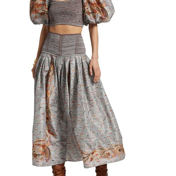 ULLA JOHNSON Pleated Printed Taffeta And Mouline Ribbed-knit Skirt In Chalcedony - Picture 3 of 9